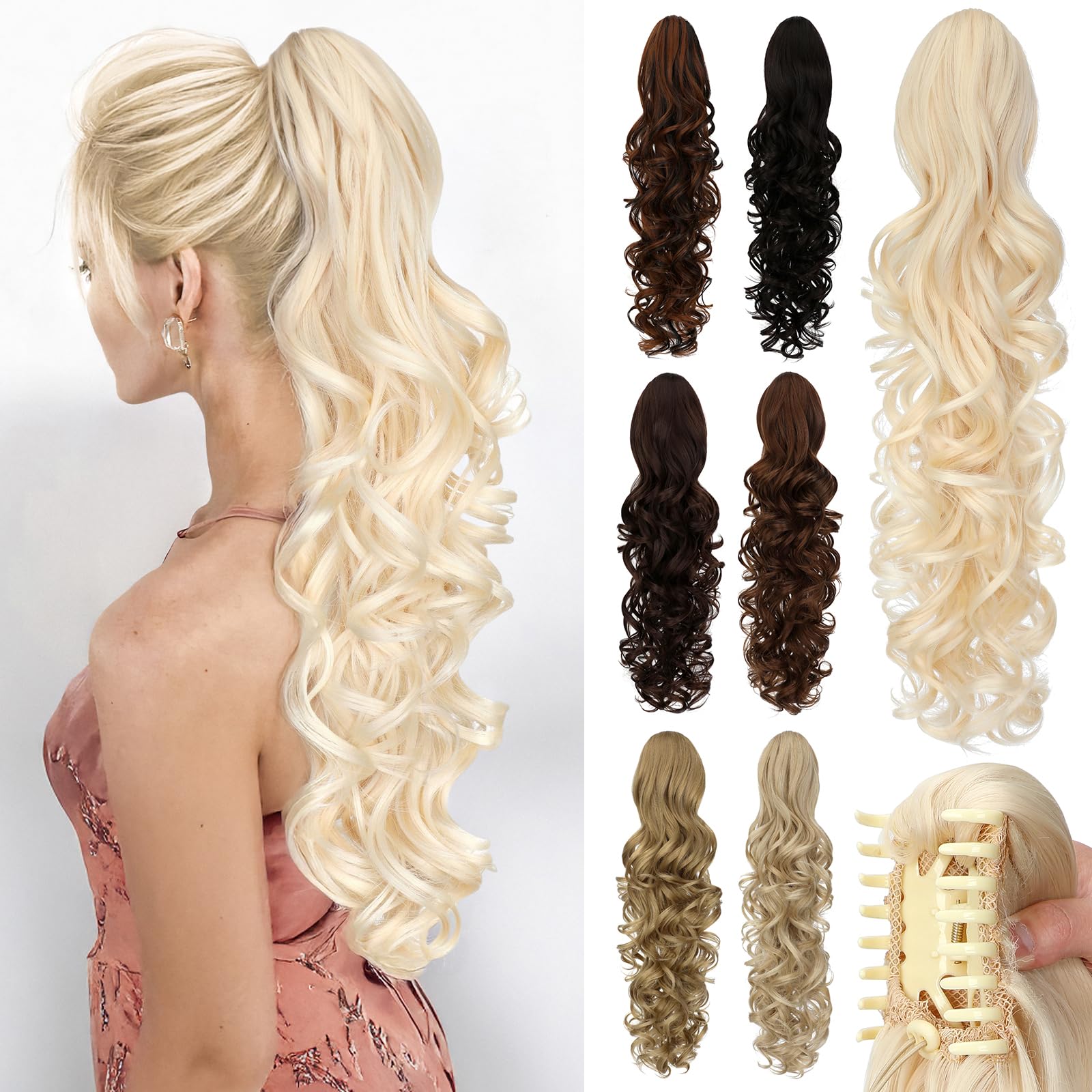 Photo 1 of Cephermer Ponytail Extension, 24" Claw Clip in Ponytail Extensions Long Curly Wavy Ponytails Hair Extension Jaw Clip on Pony Tails Hairpiece for Women Bleach Blonde