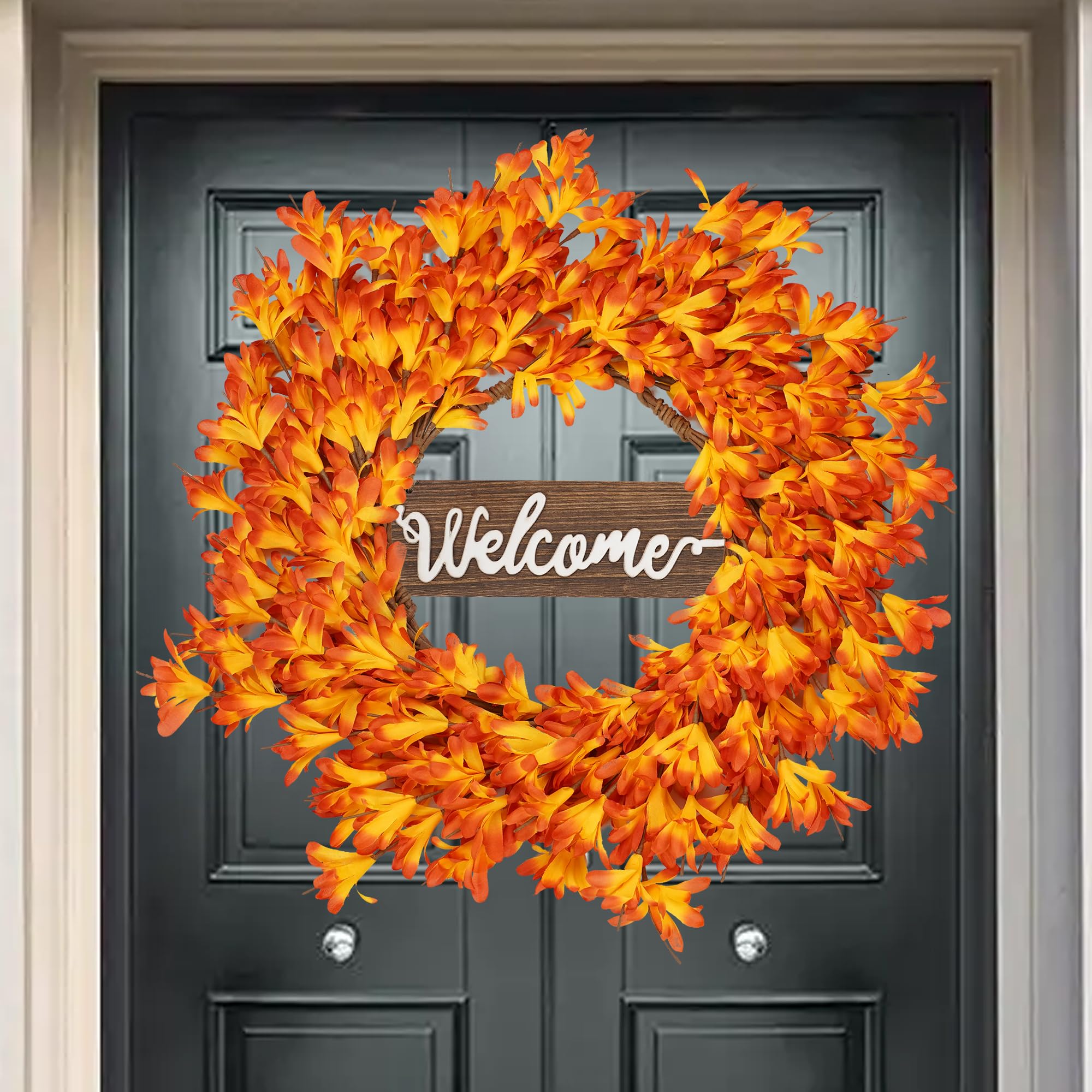 Photo 1 of 20 Inch Fall Wreaths for Front Door, with Welcome Wooden Sign, Artificial Autumn Wreath for Home Wall Porch Door Thanksgiving Halloween Holiday Decorations