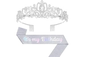 Papoopy Birthday Tiara and Crown with Sash, Birthday Tiara for Women Party (Silver)