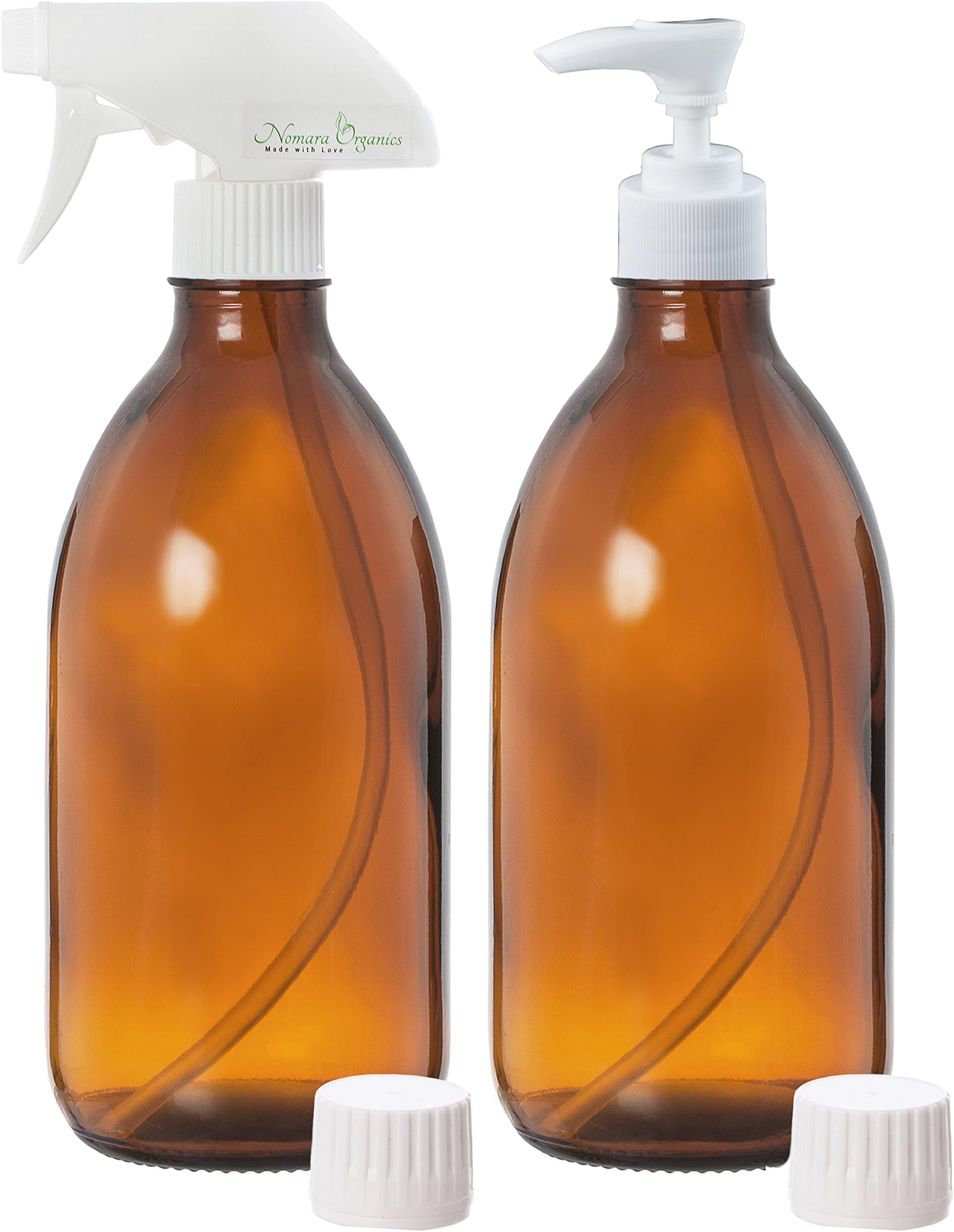 Premium Quality 500ML AMBER GLASS SPRAY BOTTLES + LOTION PUMP Set by Nomara Organics: 1x 500ml Glass Bottle with White Trigger Spray/Mister + 1x 500ml Bottle with White Lotion/Oil Pump & 2x Leak proof Caps. Empty, Re-usable Bottles for Organic Aromatherapy Oils /Lotions/Serums, Eco-Friendly Cleaning Products, Misting plants, Hair Care Sprays, Pet care.
