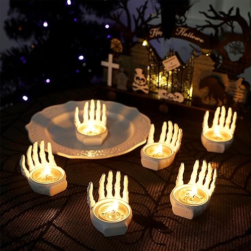 FORUP 6 Pack Skeleton Hand Tea Light Candle Holders, Halloween Candle Holder, Halloween Home Table Decoration, Dia.1.57", White