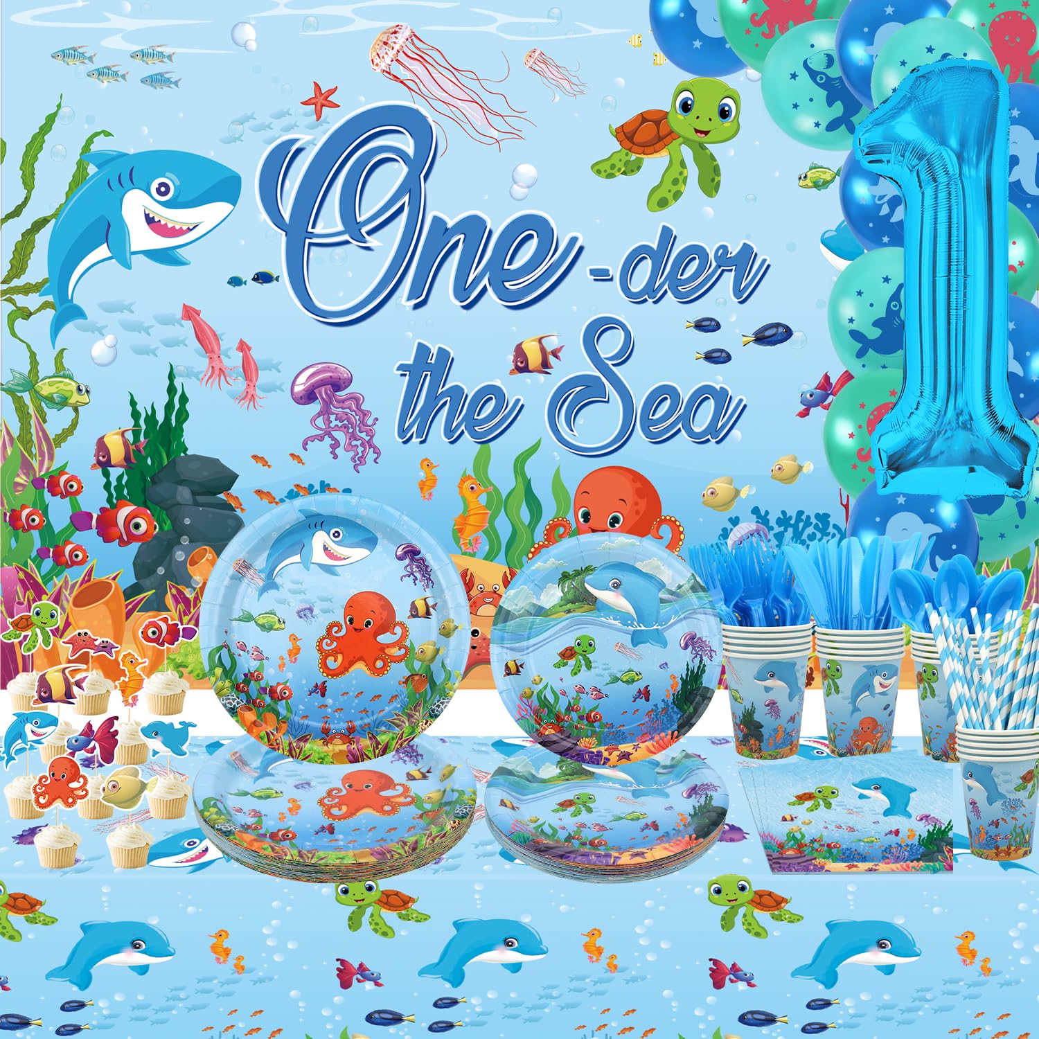 163-delig Onder de Zee Feestartikelen Oceaan Zee Feestservies Set Borden Bekers Servetten Tafelkleed Banner Ballonnen Taarttoppers voor Onderwater Wereld Verjaardag Oceaan Dieren Decoraties - Voor 20