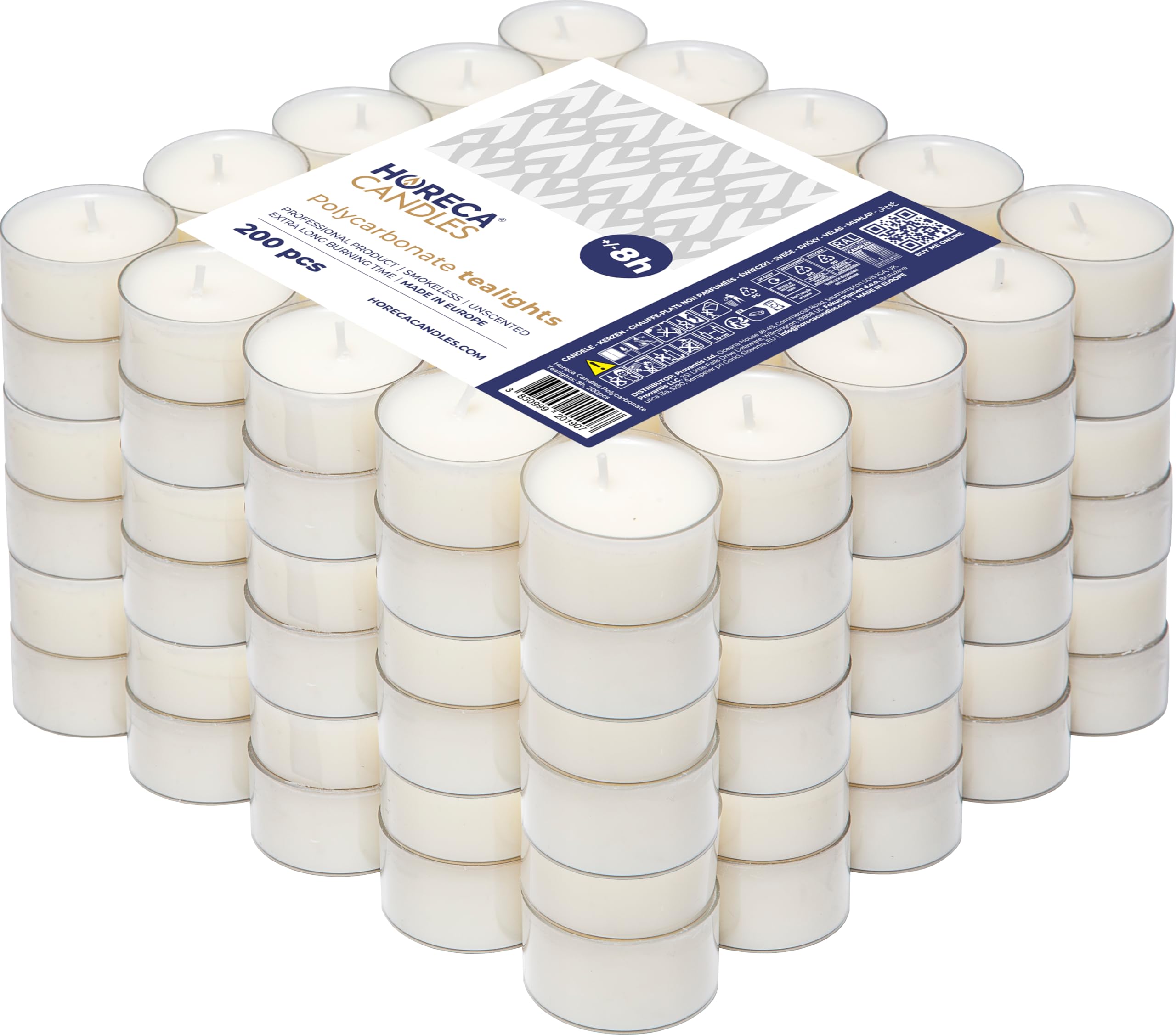 Horeca Candles - Tea Light Candles in Clear Cup 200 Pack - 8 Hours Burn Time - White Wax - Smokeless, Dripless, Unscented Candles Bulk