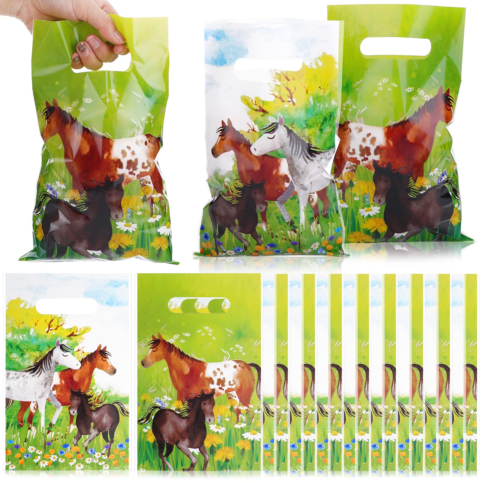 Photo 1 of 100 Pack Horse Party Favor Bags Pony Themed Plastic Waterproof Horse Treat Goody Bags and Pony Goodie with Die Cut Handles for and Themed Party Supplies