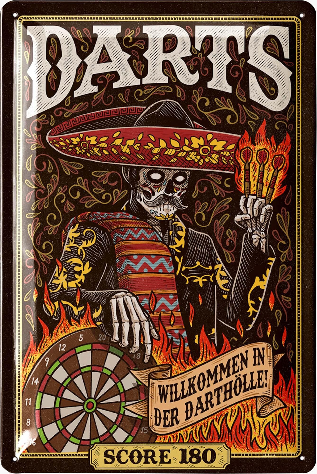 LANOLU Retro Tin Sign Darts Hell - Bar and Party Room Decoration, Irish Pub Decoration, Funny Gift for Men, Vintage Metal Sign with Punching and Curve, 20 x 30 cm