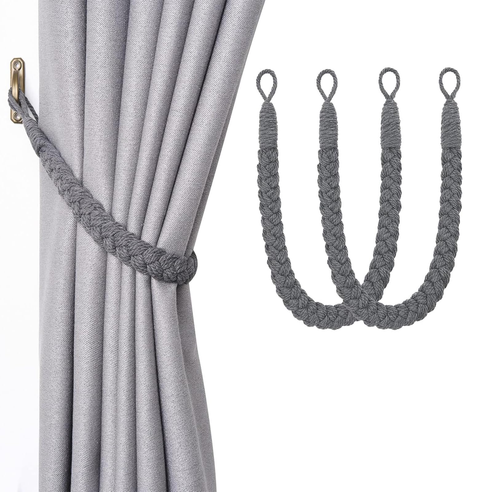 2 Pack Curtain Tie Backs, Grey Tie Backs for Curtains, Rope Curtain Tie Backs, Cotton Curtain Tiebacks, Hand Knitting, for Home Drapes And Curtain Decor Braided Curtain Tiebacks Holders (Grey)