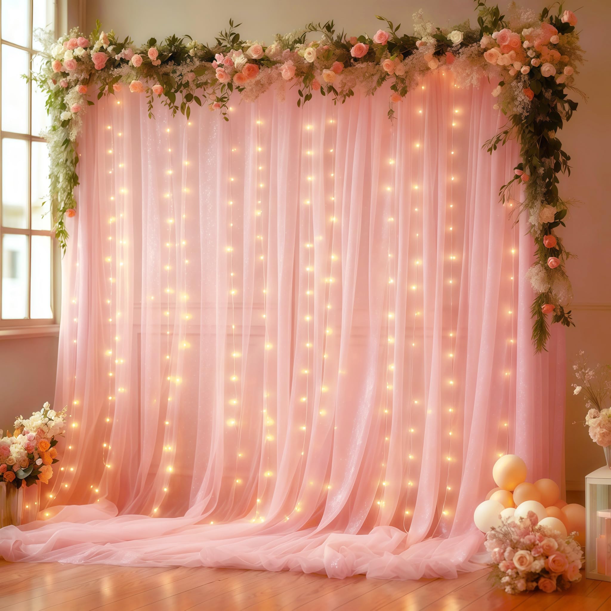Photo 1 of 10x10FT Pink Wrinkle Free Backdrop Curtains with Lights String for Parties - Photo Curtain Backdrop with Lights for Wedding Decorations, Bridal Baby Shower Birthday Party Photography Background