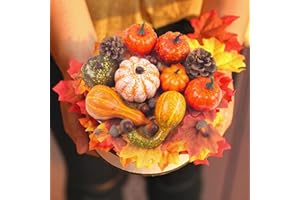 DomeStar Thanksgiving Mini Pumpkins, 8 Assorted Fake Pumpkins and Grounds 30 Maple Leaves 10 Acorns 2 Pine Cones Bowl Filler Fall Garland Wreath DIY Crafts for Harvest Table Centerpieces