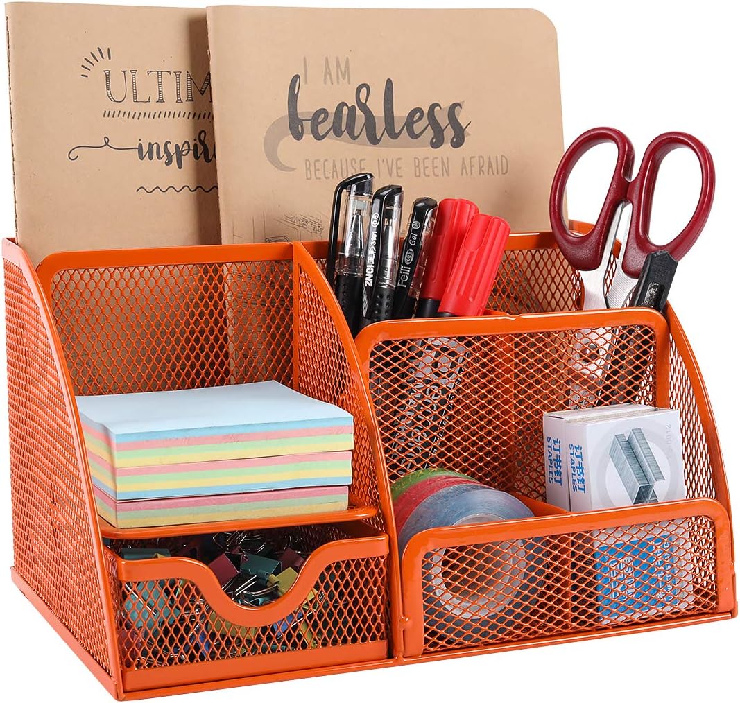EasyPAG Office Mesh Desk Tidy Versatile Stationery Storage Desktop Organiser Pen Holder with Drawer,Orange