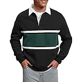 Herberton Men Fleece-Lined Rugby Shirts Heavyweight Color Block Long Sleeve Sweatshirt(S-2XL)