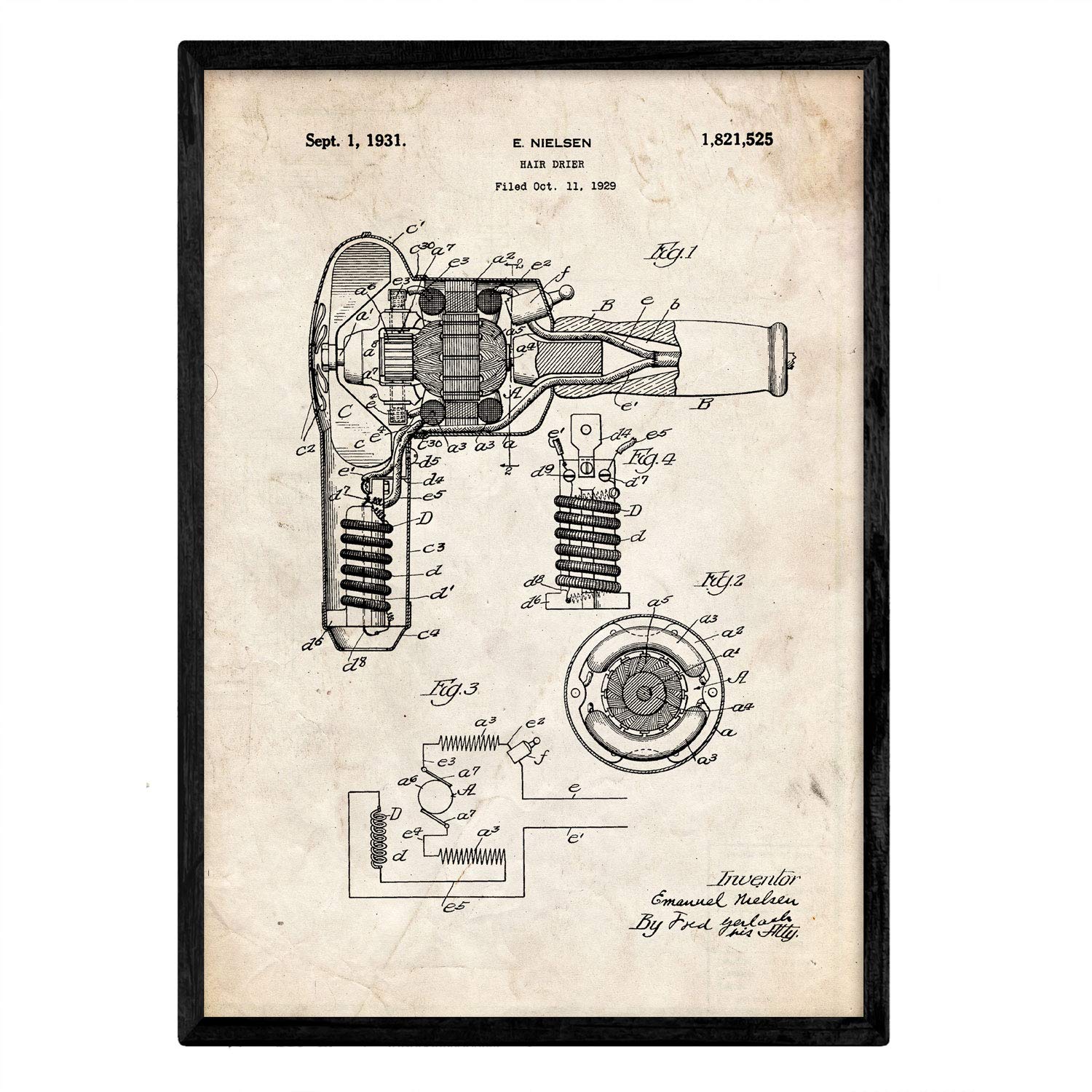 Nacnic Poster patent Hair dryer. Sheet with old design patent in A3 size and vintage background