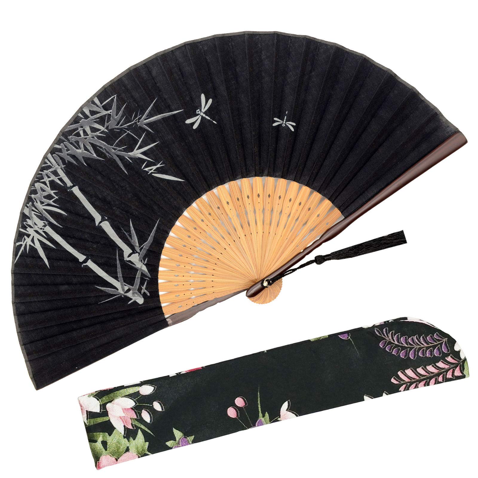 Zolee Small Folding Hand Fan - Chinese Japanese Vintage Bamboo Silk Fans - for Dance, Performance, Decoration, Wedding, Party, Gift (Bamboo Forest-Black) 0204