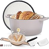 E-far Enameled Dutch Oven Pot for Bread Baking, 6QT Enameled Cast Iron Cookware with Self-Basting Lid & Sourdough Bread Baking Supplies, Heavy Duty Casserole Pot & Dual Handles-Khaki