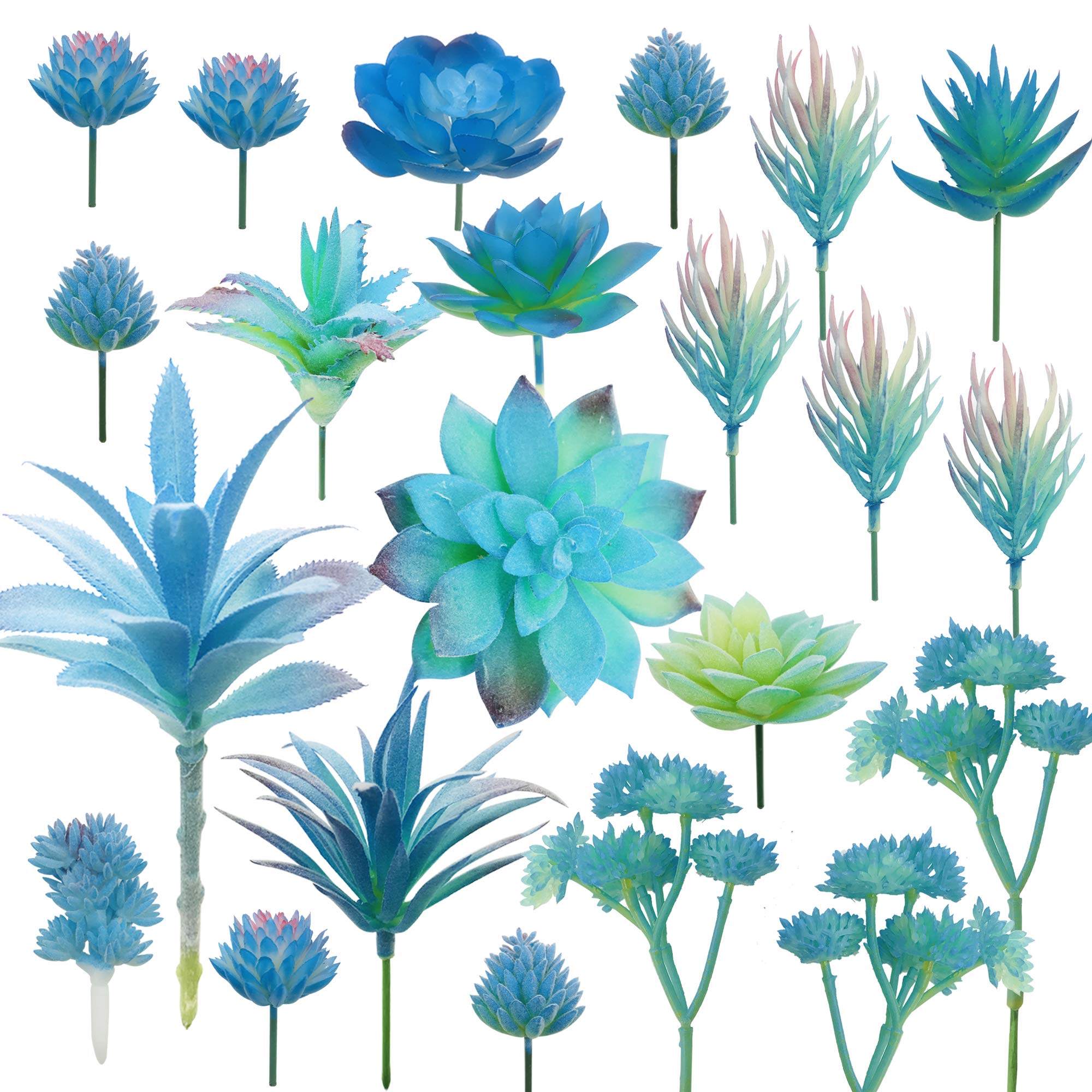 Cayway 21 PCS Artificial Succulent Plants, Blue Fake Succulent, Unpotted Faux Succulent Assortment in Flocked Blue in Different Type for Birthday Home Decor Indoor Wall Garden DIY
