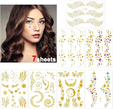 Konsait 7 Feuilles Tatouage Temporaire Visage Tatouages éphémères Métalliques Brillants Tattoo Temporaire Dorés Autocollants Pour Femmes