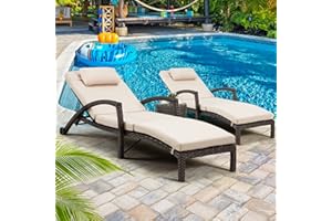 HOMREST Chaise Lounge Chairs Set of 2 for Outside, Adjustable 5 Position Outdoor PE Rattan Wicker Patio Pool Lounge Chair with Arm, Cushion, Pillow and Wheels for Poolside Backyard Deck Porch,Khaki