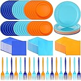 Ziliny 240 Pcs Orange and Blue Paper Plates and Napkins Plastic Forks Disposable Tableware for Dog Theme Birthday Party Supplies, Serves 60