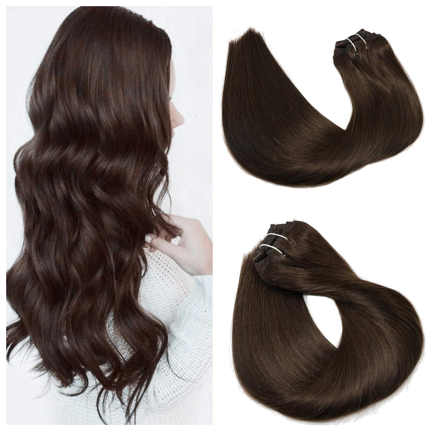 10A Grade Clip in Hair Extensions Double Weft No Tangling No Shedding 100% Remy Human Hair 16"7pieces 120g Darkest Brown Hair Real hair for Fashion Women
