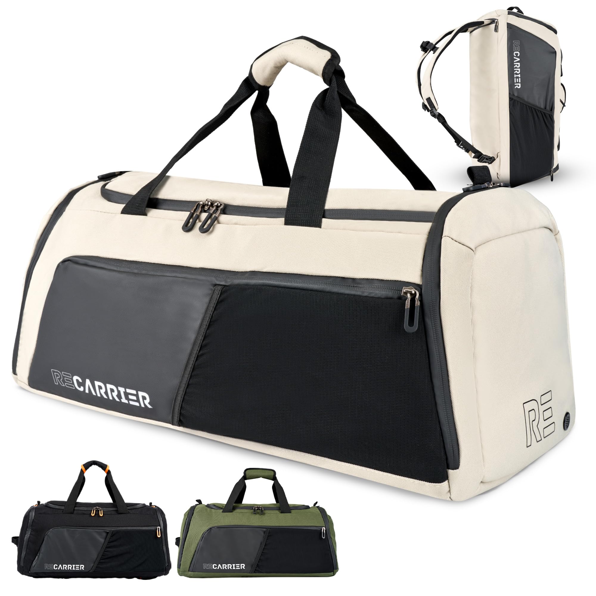 RECARRIER Sporttasche [RECYCELTES PET] 50L –Gym Bag und Rucksack in Einem –wasserdichte Trainingstasche Herren Damen –Sportrucksack wasserdicht mit Schuhfach Fitness, Reisetasche groß (Savanna beige) 8