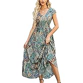 CUPSHE Women's Boho Paisley Maxi Dress V Neck Cap Sleeve Smocked Ruffled A Line Long Summer Dresses