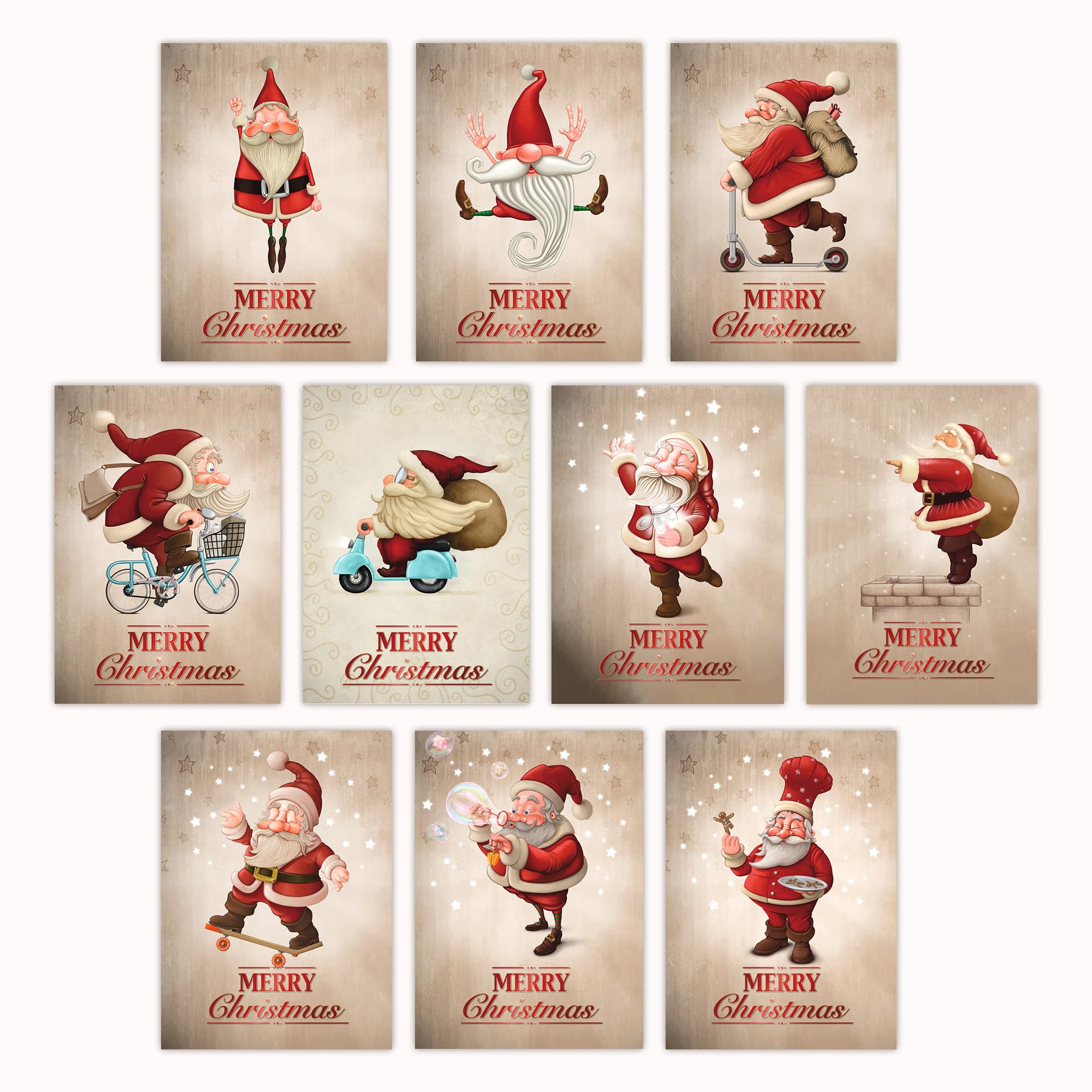 Edition Colibri 10 Funny Christmas postcards/Set with 10 Funny Santa Claus, All Different Designs, in A6 Format (14.8 x 10.5 cm) in Retro/Vintage Style (11051-95)