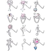 Tornito 12Pcs Nose Ring Nose Stud L Shaped Snake Butterfly CZ Flower Moon Dangle Nose Rings Stud for Women Men Silver Gold Tone 20G