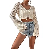 SHENHE Women's Crochet Cardigan Tie Front Tops Boho Bell Long Sleeve Lightweight Cover Up