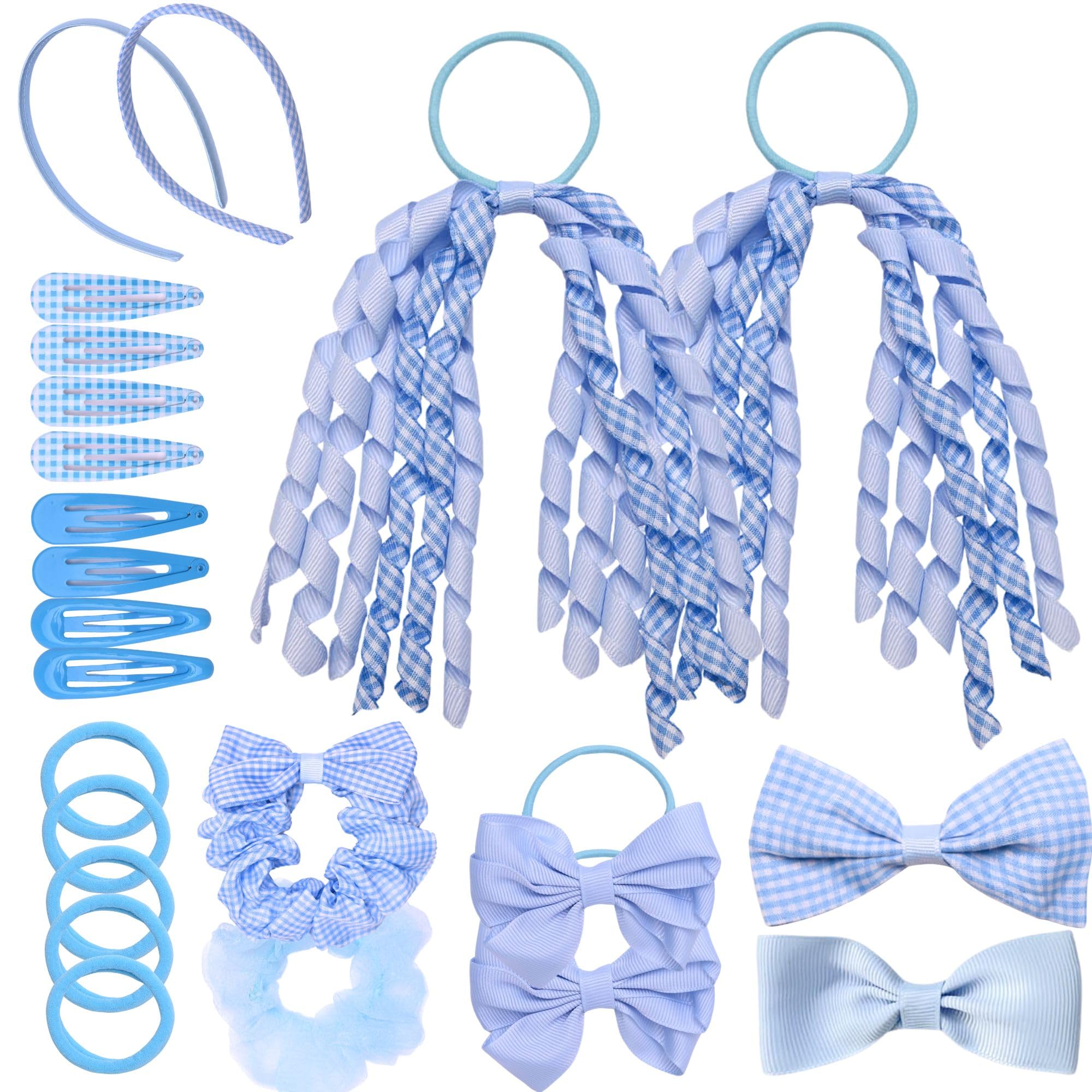 Basic Sense Gingham Girl Hair Accessories Set 23 Pieces Hair Ties, Pins, Scrunchies, Ribbon Ponytail Holder Summer School Check Uniform, Mid Blue