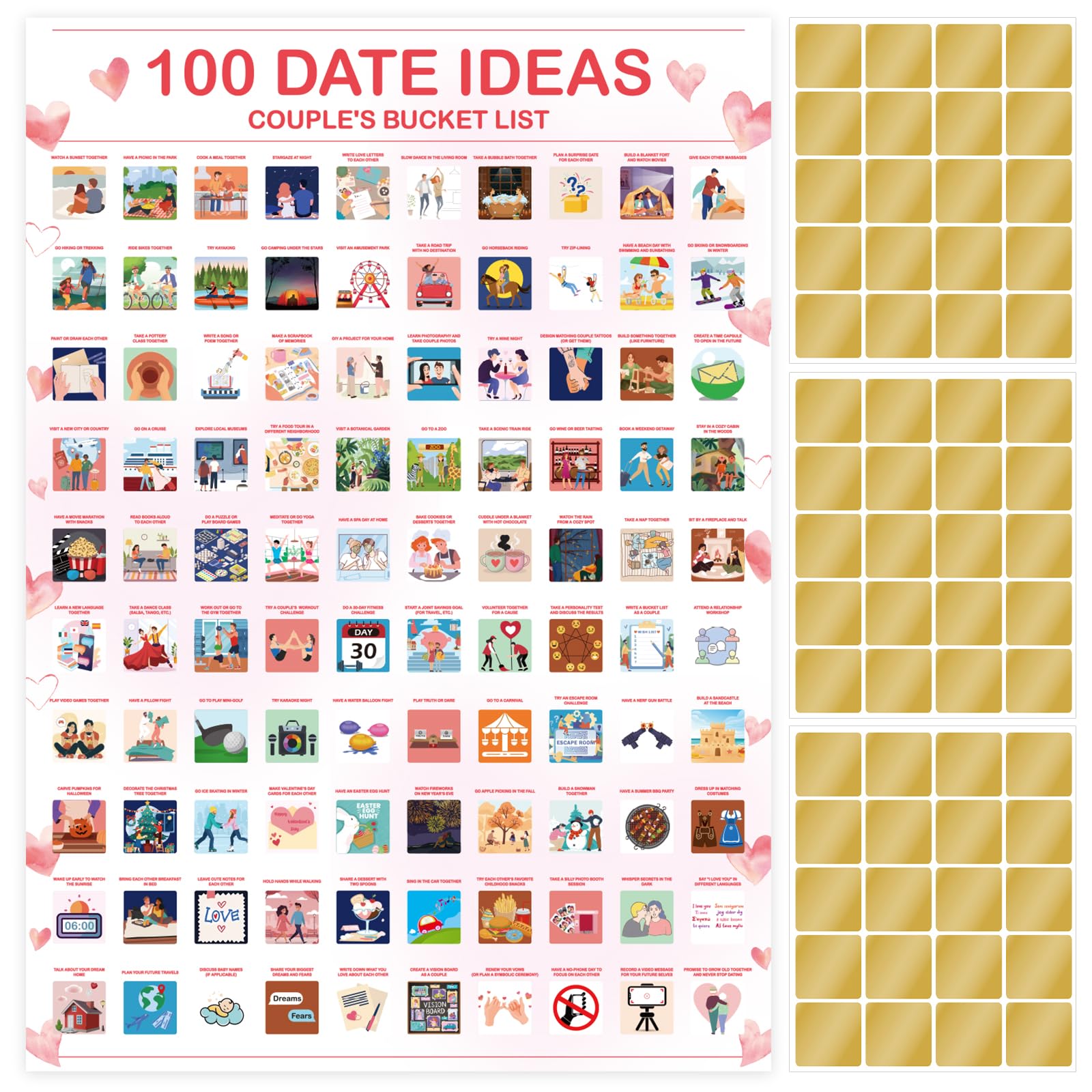 Photo 1 of 100 Dates Scratch Off Poster, DIY Scratch Off Couple's Date Night Ideas, Adventure Challenge Couples Edition, Love Game for Couples Activities Date Nights Ideas Anniversary Valentine's Day Christmas