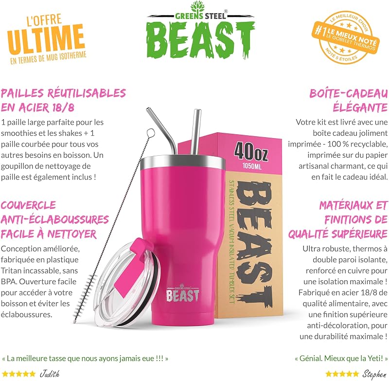 Beast Tumbler – 1050 ml (40 oz), Rose Cup Cake | Gobelet isotherme en acier inoxydable réutilisable | Avec 2 pailles et brosse de nettoyage | Double paroi, idéal pour café chaud ou glacé | Sans BPA