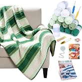Reessy Crochet Blanket Kit for Adult Beginners, Green Ombre Chenille Yarn | 16 chenille yarn skeins in 4 shades, hooks, tools and video instructions for adults learning crochet.