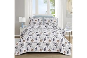 Junsey Ocean Quilts Beach Theme Bedding Full/Queen Size, Lightweight Reversible Couch Seashell Bedspread Coverlet Navy Blue Coastal Quilt Sets with Pillow Shams