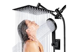 YURNOMY Shower Head, 8 inch Multifunction High Pressure Rain Shower Head with Handheld Spray Combo with 11'' Angle Adjustable Extension Arm/Flow Regulator/Shower System Matte Black
