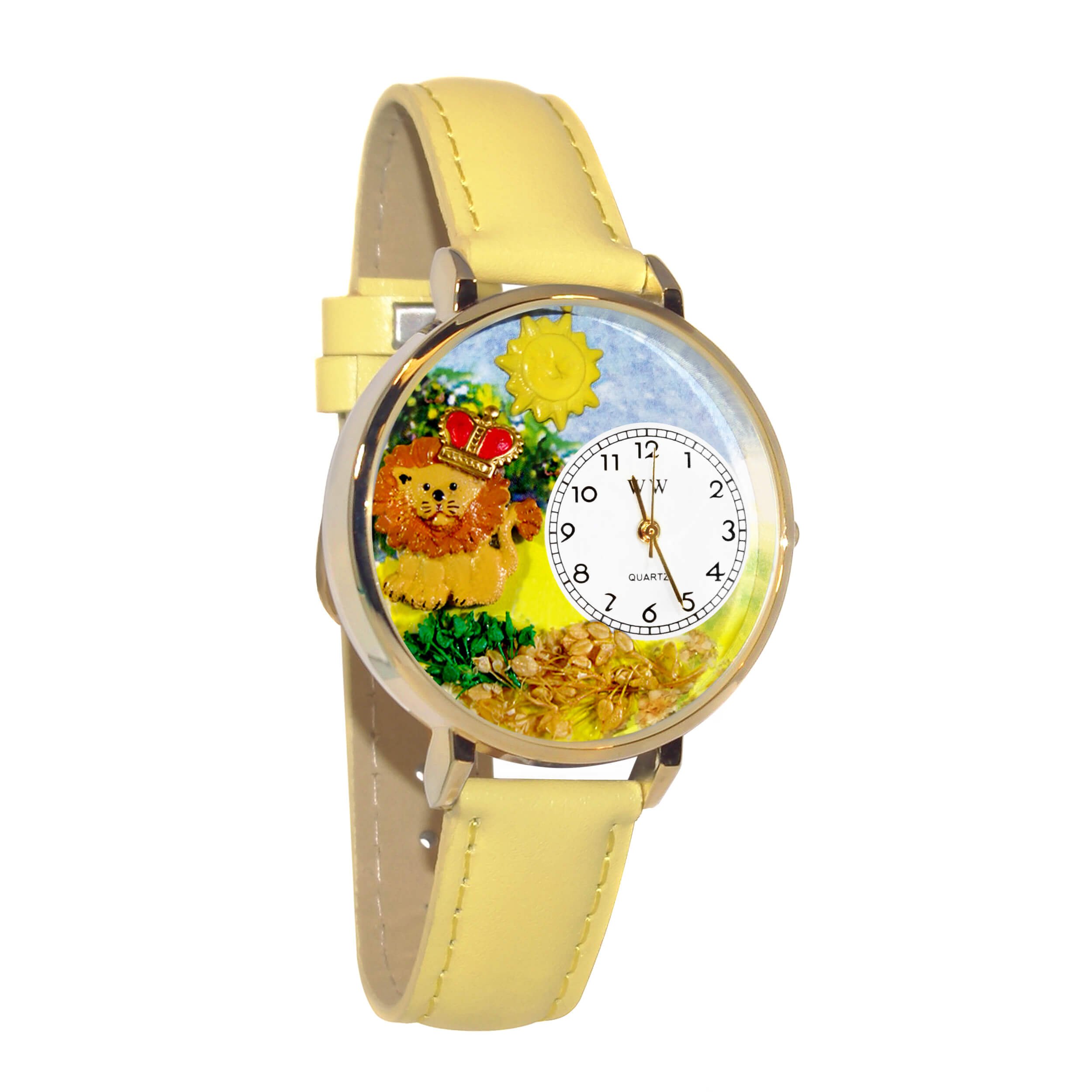 Whimsical Watches Lion Yellow Leather and Goldtone Unisex Quartz Watch with White Dial Analogue Display and Multicolour Leather Strap G-1610006