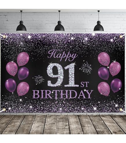 Happy 91st Birthday Purple Door Banner - Cheers To 91 Years Porch Sign & Backdrop