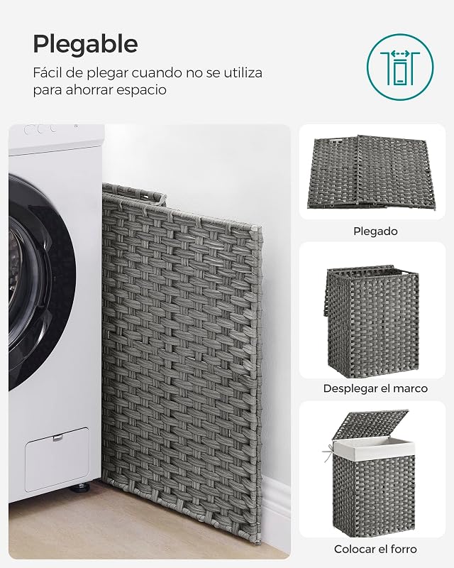 Cesto de Ropa Sucia, 90 L, Ratán Sintético, con Tapa, Plegable
