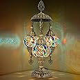 mozaist 3 Globe Turkish Mosaic Table Lamp, Stained Glass Tiffany Style Moroccan Desk Light, Handmade Vintage Antique Entryway Decorative Colorful Lighting with US Plug & E12 Socket (Multi-Colored)
