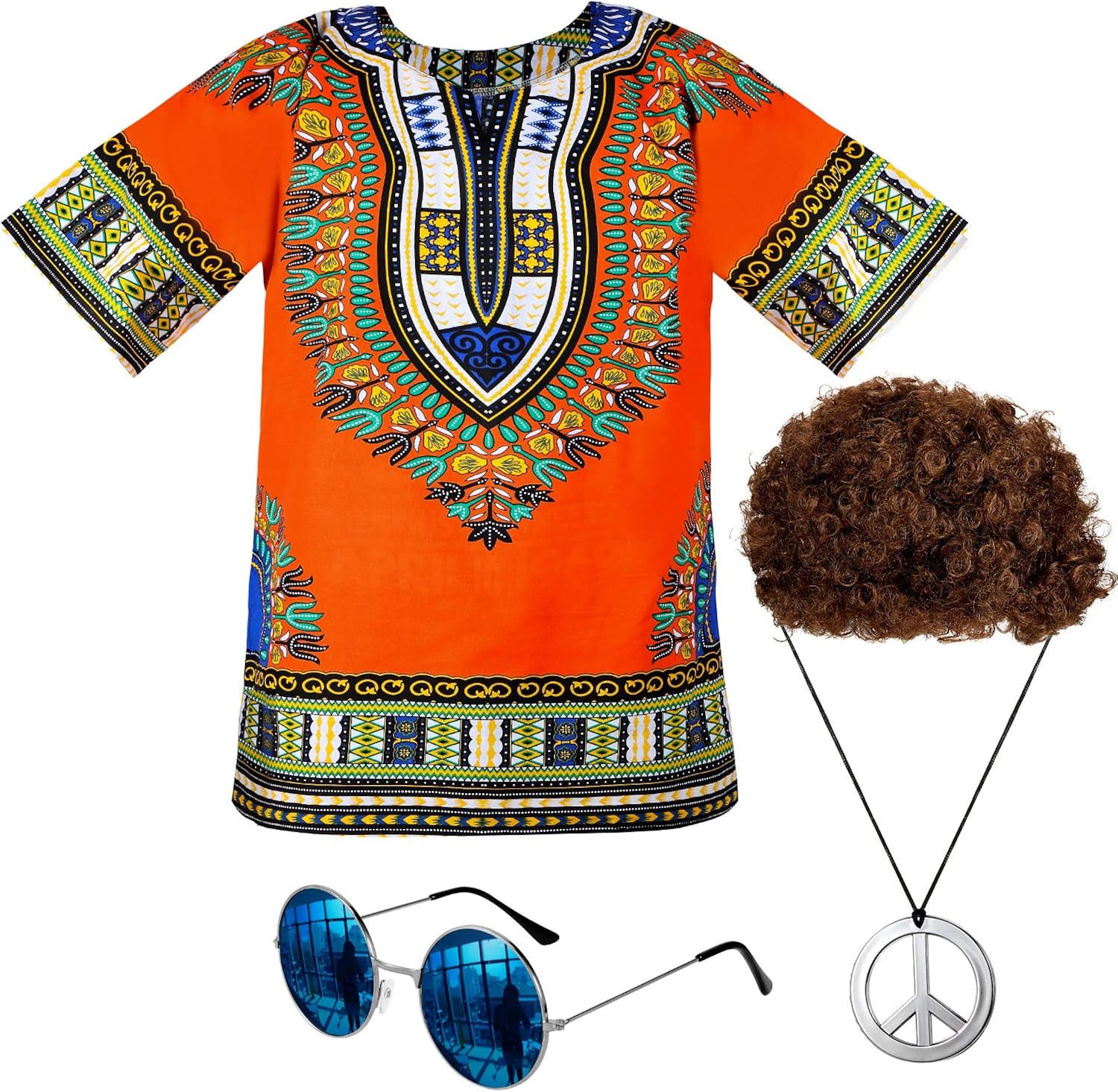 Hippie Costume Set Men's Hippie Shirt Brown Wig Sunglasses Peace Sign Necklace: Clothing