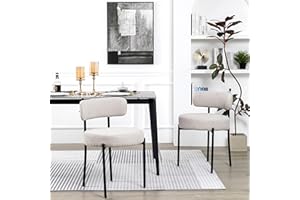 DYHOME Light Grey Boucle Dining Chairs Set of 2, Mid Century Modern Upholstered Kitchen Chairs with Curved Backrest and Black Metal Legs