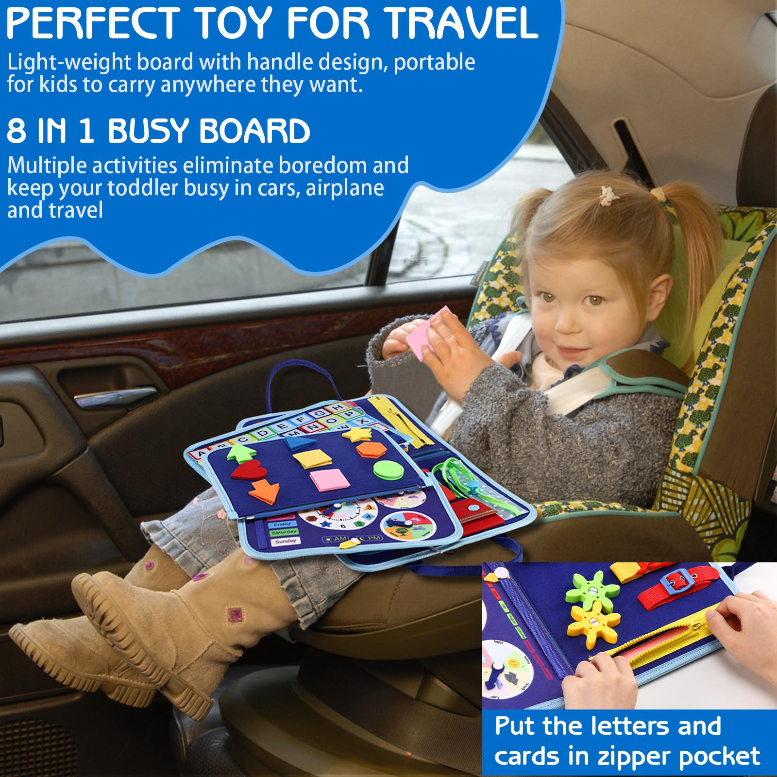 Esjay Toddler Busy Board Montessori Toys for Boys, Sensory Board Educational Activities for Learning Fine Motor Skills, Birthday Gifts for Boys Toddlers, Travel Toys for Airplane Car, Blue Dinosaur