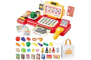 FEGALOP Cash Register Toy for Kids,Toddler Pretend Play Store with Real Calculator,Scanner,Play Food, Money & Credit Card,Supermarket Checkout Set, Math Skills Learning Toys,Birthday Gift for Boys Girls-Red