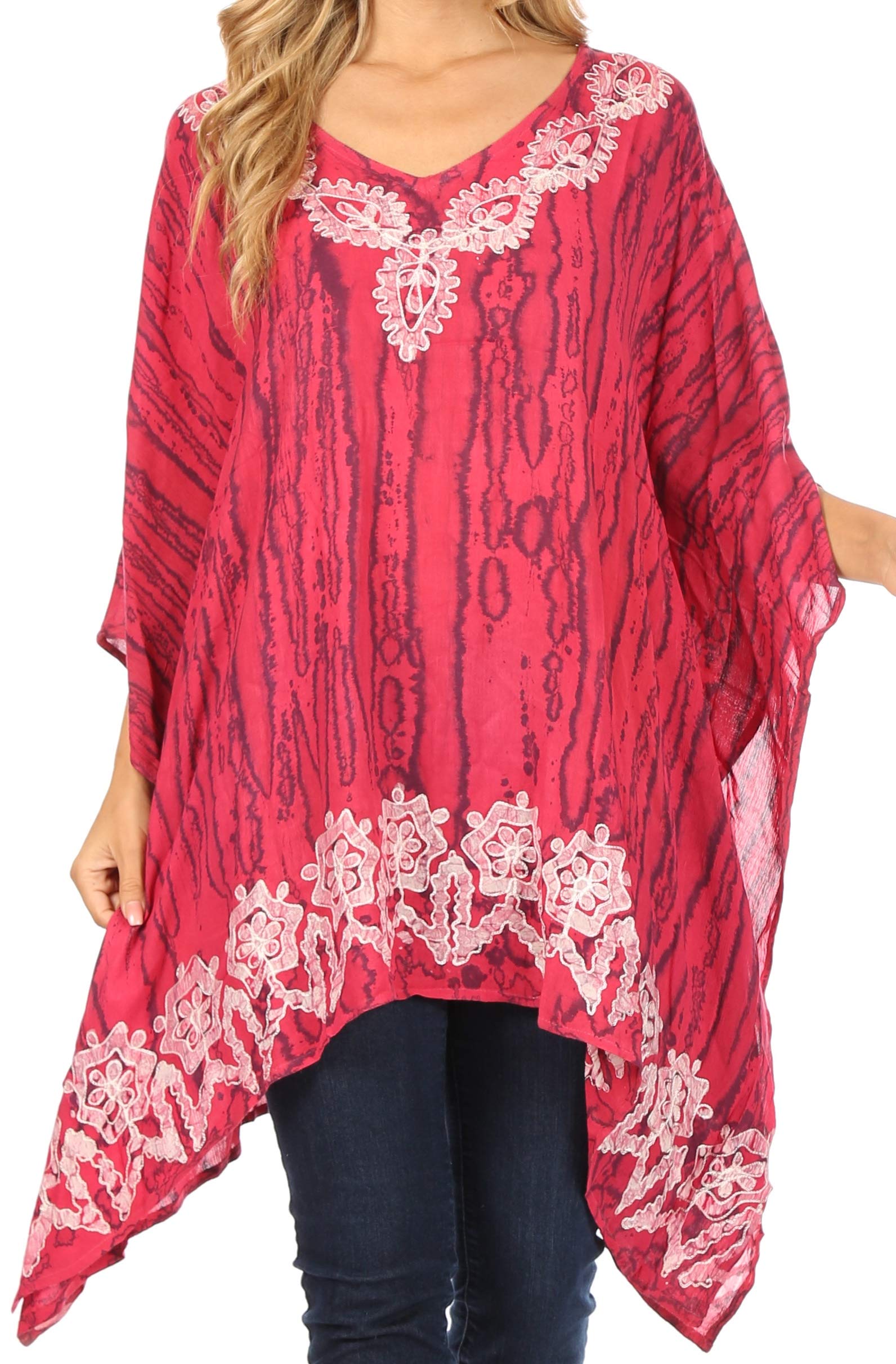 Sakkas 1802 - Alizia Lightweight Embroidery Batik Top Tunic Blouse Caftan Cover up Poncho - Fuchsia-navy - OS