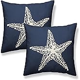 DAFENA Navy Blue Coastal Pillow Covers 18x18 Inch 2 Pcs Summer Sea Starfish Decor Throw Pillows Nautical Beach Ocean Themed Outdoor Holiday Decoration Pillowcase Linen Cushion Cover for Couch Sofa
