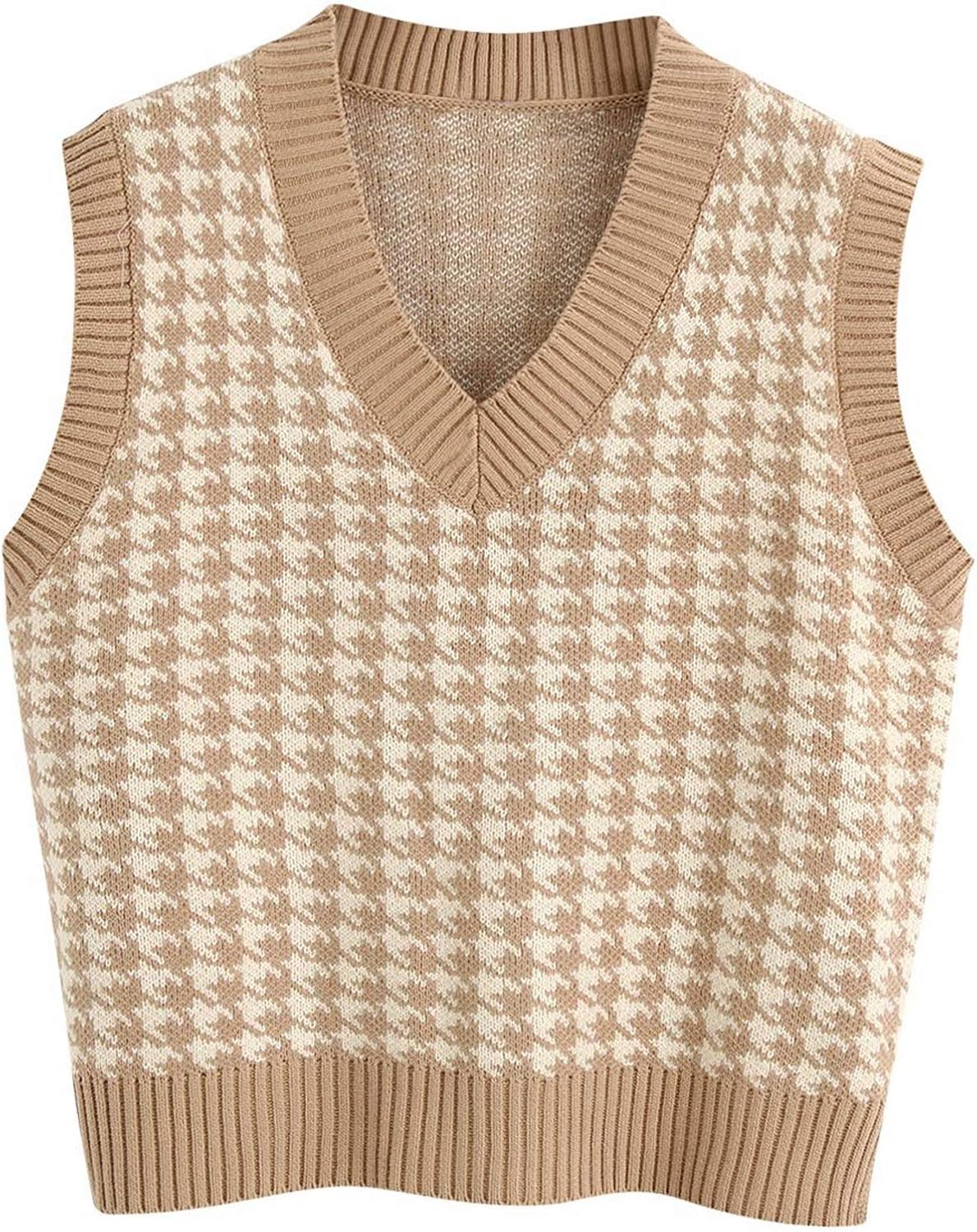 Oversized Houndstooth Knitted Women Sweater Vest V Neck Vintage Pullover Tank Tops at  Women’s Clothing store