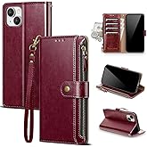Scutumate Compatible with iPhone 14 Wallet Case with Card Holder RFID Blocking Zipper Poket PU Leather Flip Phone Case with Wrist Strap Credit Card Slots Men Women,for Apple 14 6.1",Wine Red