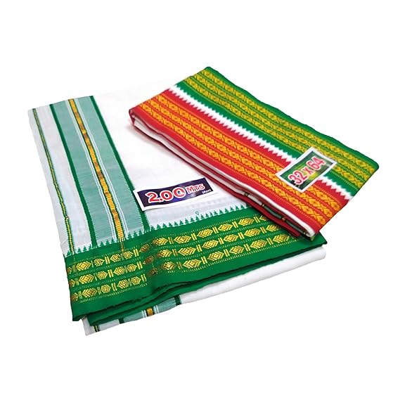 Men's Cotton Cool Green, Red Border 2.00 m Dhoti + Angavastram Set (White, Free Size)