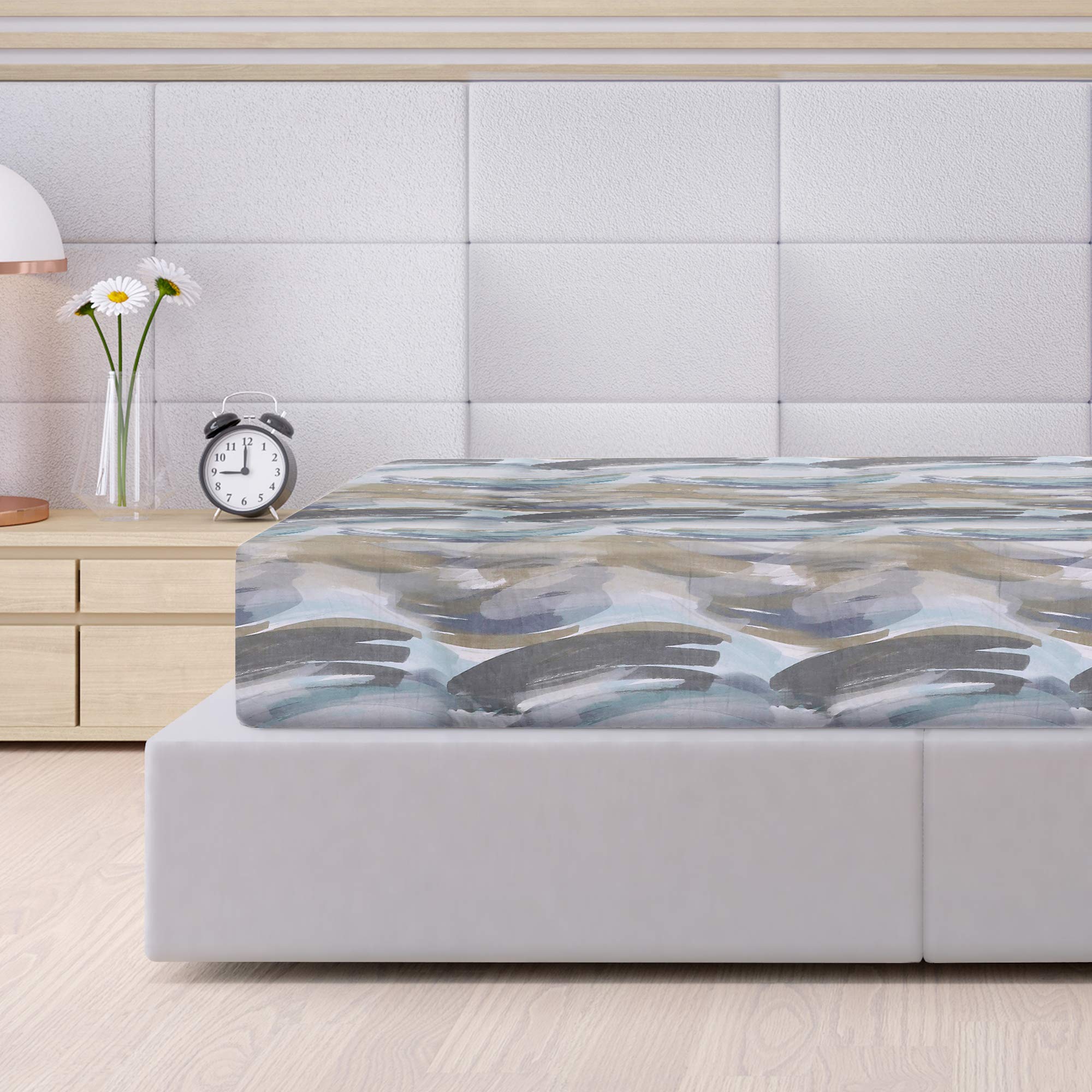 TRIDENT King Size Fitted Sheet - 100% Fine Quality Cotton, 300 TC, Soft & Smooth Percale Weave, Extra 41 CM Deep Fit, Oeko-TEX Certified, 1 Fitted Bed Sheet - Feather Tales Collection (King, Caspian)