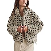 Lianlive Women Winter Sherpa Fleece Jacket Long Sleeve Zip Up Checkered Fuzzy Cropped Coats Warm Outwear with Pockets