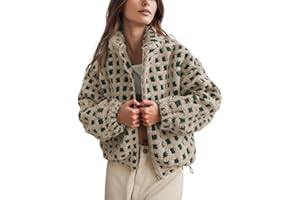 Lianlive Women Winter Sherpa Fleece Jacket Long Sleeve Zip Up Checkered Fuzzy Cropped Coats Warm Outwear with Pockets