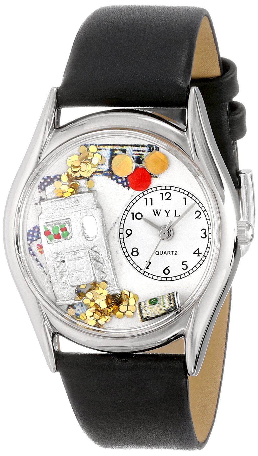 Whimsical Watches Casino Black Leather and Silvertone Unisex Quartz Watch with White Dial Analogue Display and Multicolour Leather Strap S-0420002